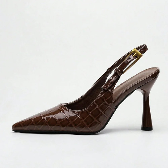Coffee Brown Elegant Women's Pointed Toe Buckle Embellished Slingback heels - Picture 2 of 6